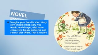 NOVEL
EXCERPT
● Imagine your favorite short story.
Now imagine that story was
much, much longer, with more
characters, bigger problems, and
several plot twists. That’s a novel!
 