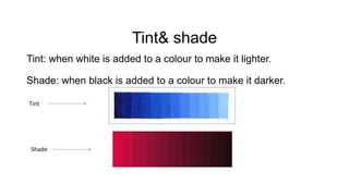 Tint& shade
Tint: when white is added to a colour to make it lighter.
Shade: when black is added to a colour to make it darker.
Tint
Shade
 