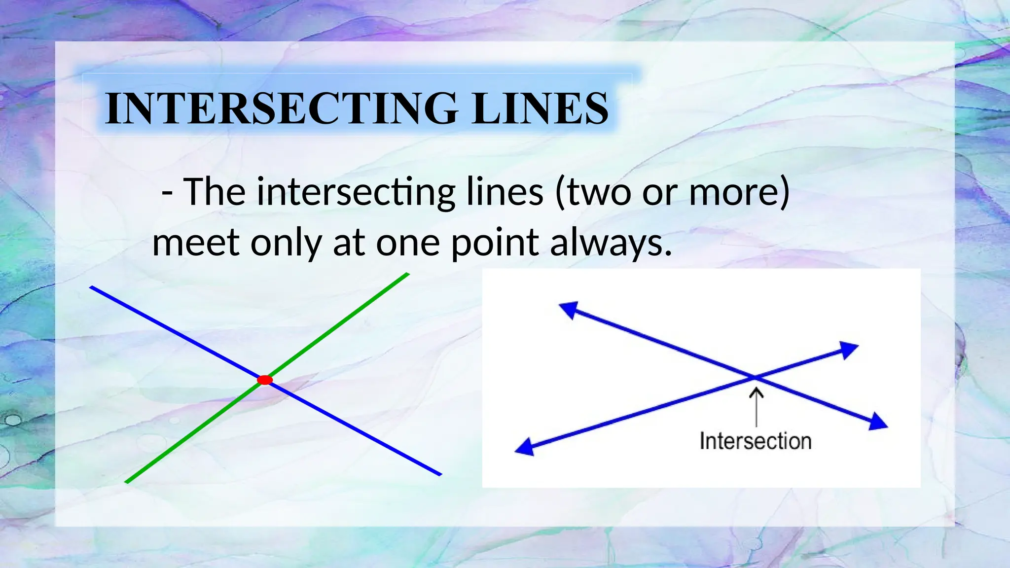 INTERSECTING LINES
- The intersecting lines (two or more)
meet only at one point always.