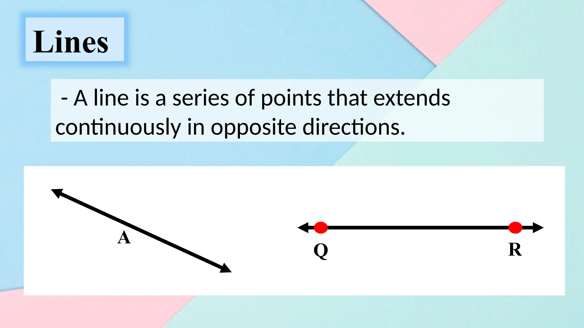 Lines
- A line is a series of points that extends
continuously in opposite directions.
A
Q R