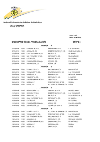 Federación Interinsular de Fútbol de Las Palmas 
GRAN CANARIA 
Página 1 de 8 
Temp. 2014/2015 
CALENDARIO DE LIGA PRIMERA CADETE GRUPO 8 
JORNADA 1 
27/09/2014 10:30 CERRUDA "A", C.D. MASPALOMAS, C.D. E.M. VECINDARIO 
27/09/2014 10:30 ABRISAJAC, CD. S.PEDRO MARTIR "A", C.D. CIU.D.MASPALOM. 3 
27/09/2014 10:30 CASA PASTORES "B",CD BALOS, U.D. LA MADERA 
27/09/2014 10:30 SAN FERNANDO "A", UD. ESTRELLA "A", C.F. MASPALOMAS 1 
27/09/2014 11:30 CASTILLO CF. TABLERO "A", C.D. EL CASTILLO 
27/09/2014 12:00 POLIGONO DE ARINAGA, ARINAGA, C.D. POL.RES.ARINAGA 
27/09/2014 12:00 ARGUINEGUIN, C.D. MOGAN, C.F. ARGUINEGUIN 
JORNADA 2 
04/10/2014 10:00 ESTRELLA "A", C.F. ARGUINEGUIN, C.D. LAS PALMITAS 
04/10/2014 10:30 VECINKLUBF "A", C.D. SAN FERNANDO "A", UD. E.M. VECINDARIO 
04/10/2014 11:30 ARINAGA, C.D. ABRISAJAC, CD. MCPAL.DE ARINAGA 
04/10/2014 12:00 TABLERO "A", C.D. CERRUDA "A", C.D. E.VALERON 
04/10/2014 12:30 S.PEDRO MARTIR "A", C.D. CASTILLO CF. EL DOCTORAL 
04/10/2014 17:30 MOGAN, C.F. CASA PASTORES "B",CD MOGAN 
04/10/2014 20:00 BALOS, U.D. POLIGONO DE ARINAGA, C.F. BALOS 
JORNADA 3 
11/10/2014 10:30 MASPALOMAS, C.D. TABLERO "A", C.D. MASPALOMAS 1 
11/10/2014 10:30 CERRUDA "A", C.D. S.PEDRO MARTIR "A", C.D. E.M. VECINDARIO 
11/10/2014 10:30 ABRISAJAC, CD. BALOS, U.D. CIU.D.MASPALOM. 3 
11/10/2014 10:30 CASA PASTORES "B",CD ESTRELLA "A", C.F. LA MADERA 
11/10/2014 11:30 CASTILLO CF. ARINAGA, C.D. EL CASTILLO 
11/10/2014 12:00 POLIGONO DE ARINAGA, MOGAN, C.F. POL.RES.ARINAGA 
11/10/2014 12:00 ARGUINEGUIN, C.D. VECINKLUBF "A", C.D. ARGUINEGUIN 
JORNADA 4 
18/10/2014 10:00 ESTRELLA "A", C.F. POLIGONO DE ARINAGA, C.F. LAS PALMITAS 
18/10/2014 10:30 VECINKLUBF "A", C.D. CASA PASTORES "B",CD E.M. VECINDARIO 
18/10/2014 10:30 SAN FERNANDO "A", UD. ARGUINEGUIN, C.D. MASPALOMAS 1 
18/10/2014 11:30 ARINAGA, C.D. CERRUDA "A", C.D. MCPAL.DE ARINAGA 
18/10/2014 12:30 S.PEDRO MARTIR "A", C.D. MASPALOMAS, C.D. EL DOCTORAL 
18/10/2014 17:30 MOGAN, C.F. ABRISAJAC, CD. MOGAN 
18/10/2014 20:00 BALOS, U.D. CASTILLO CF. BALOS 
 