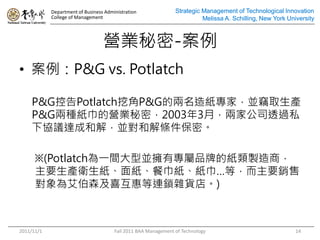 Department of Business Administration               Strategic Management of Technological Innovation
            College of Management                                         Melissa A. Schilling, New York University



                                  II-
? P&G vs. Potlatch

    P&GظPotlatchڽP&Gă켈ңK`ȡa
    P&GɷNĠIIܣ20033£ɼҹ˾͸^˽
    fh_ɺͽ⣬Kͽlܡ

      (PotlatchһǵKЌƷƵļụ
      Ҫal漈ͽȣҪN
      鰬ɭϲݵBis؛ꡣ)



2011/11/1                              Fall 2011 BAA Management of Technology                               14
 
