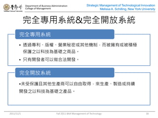 Department of Business Administration               Strategic Management of Technological Innovation
            College of Management                                         Melissa A. Schilling, New York University



            ȫϵy&ȫ_ϵy
       ȫϵy
       ? ͸^ࡢIIܻCƣл򱻷eO
            o֮ԿƼA֮Ʒ
       ? ֻ_l߿Ϸ_l


       ȫ_ϵy

       ?δܱoa̿ȡãaum
       _l֮ԿƼA֮aƷ



2011/11/1                              Fall 2011 BAA Management of Technology                               18
 