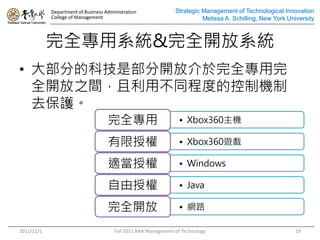Department of Business Administration               Strategic Management of Technological Innovation
            College of Management                                         Melissa A. Schilling, New York University



            ȫϵy&ȫ_ϵy
? 󲿷ֵĿƼǲ_Žȫ
  ȫ_֮gò̶ͬȵĿƙC
  ȥo
                                    ȫ                         ? Xbox360C

                                    ڙ                         ? Xbox360[

                                    mڙ                         ? Windows

                                    ڙ                         ? Java

                                    ȫ_                         ? W·

2011/11/1                              Fall 2011 BAA Management of Technology                               19
 