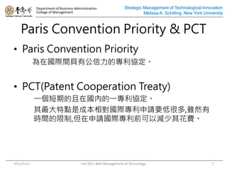 Department of Business Administration               Strategic Management of Technological Innovation
            College of Management                                         Melissa A. Schilling, New York University



   Paris Convention Priority & PCT
? Paris Convention Priority
            ڇHgйČf


? PCT(Patent Cooperation Treaty)
            һڵڇȵһf
            cǳɱHՈҪͺܶ,mȻ
            rg,ՈHǰԜp仨M




2011/11/1                              Fall 2011 BAA Management of Technology                                7
 