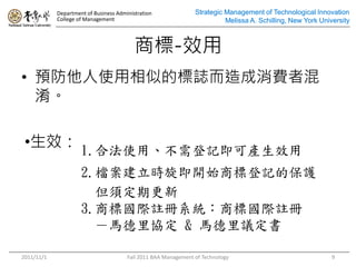 Department of Business Administration               Strategic Management of Technological Innovation
            College of Management                                         Melissa A. Schilling, New York University



                                          ̘-Ч
? AʹƵĘIM߻
  

 ?Ч 1.ϷʹáӛɮaЧ
                     2.nr_ʼ̘˵ӛıo
                       횶ڸ
                     3.̘ˇH]ϵy̘ˇH]
                       Rf & Rh

2011/11/1                              Fall 2011 BAA Management of Technology                                9
 