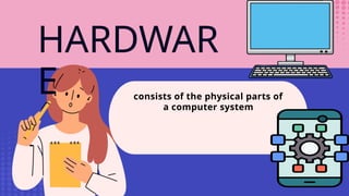 HARDWAR
E consists of the physical parts of
a computer system
 