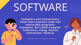 Compilers and Interpreters:
Tools that translate code into
executable programs.
Examples: GCC (GNU Compiler
Collection), Clang, Python
Interpreter, Node.js.
SOFTWARE
 