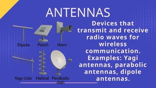 Devices that
transmit and receive
radio waves for
wireless
communication.
Examples: Yagi
antennas, parabolic
antennas, dipole
antennas.
ANTENNAS
 