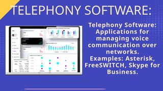 Telephony Software:
Applications for
managing voice
communication over
networks.
Examples: Asterisk,
FreeSWITCH, Skype for
Business.
TELEPHONY SOFTWARE:
 