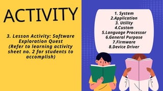 ACTIVITY
3. Lesson Activity: Software
Exploration Quest
(Refer to learning activity
sheet no. 2 for students to
accomplish)
1. System
2.Application
3. Utility
4.Custom
5.Language Processor
6.General Purpose
7.Firmware
8.Device Driver
 