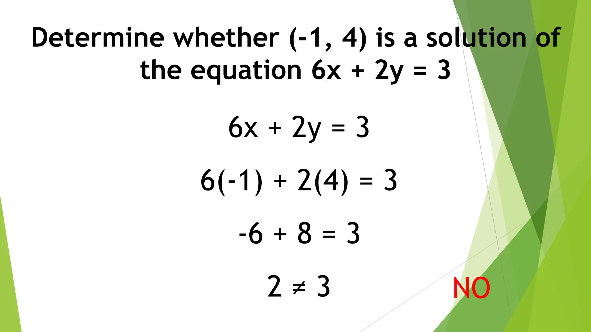 Determine whether (-1, 4) is a solution of
the equation 6x + 2y = 3
6x + 2y = 3
6(-1) + 2(4) = 3
-6 + 8 = 3
2 ≠ 3 NO
 