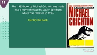 © Nexus Consulting
FUN WITH FUNDAS
This 1993 book by Michael Crichton was made
into a movie directed by Steven Spielberg
which was released in 1993.
Identify the book.
11
 