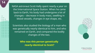 © Nexus Consulting
FUN WITH FUNDAS
14
NASA astronaut Scott Kelly spent nearly a year on
the International Space Station. When he came
back to Earth, his body had undergone a lot of
changes – decrease in body mass, swelling in
blood vessels, changes in eye shape, etc.
Scientists also studied the biology of a man who
was genetically nearly identical to him, and who
remained on Earth, and compared the bodily
changes of the two.
Who was this person genetically
nearly-identical to Scott?
 