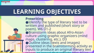 LEARNING OBJECTIVES
Prewriting
●Identify the type of literary text to be
written and published (short story or
poem). W6 D1-2
●Brainstorm ideas about Afro-Asian
culture using graphic organizers (mind
maps, clustering, etc.). D3
●Outline ideas (texts and images)
presented in the brainstorming activity as
inputs to produce an original literary text
 