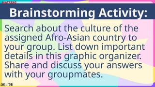 Search about the culture of the
assigned Afro-Asian country to
your group. List down important
details in this graphic organizer.
Share and discuss your answers
with your groupmates.
Brainstorming Activity:
 