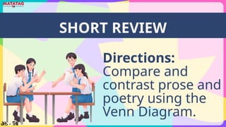 SHORT REVIEW
Directions:
Compare and
contrast prose and
poetry using the
Venn Diagram.
 