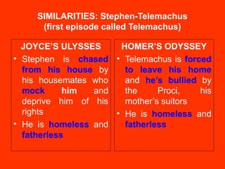 SIMILARITIES: Stephen-Telemachus
(first episode called Telemachus)
JOYCE’S ULYSSES
• Stephen is chased
from his house by
his housemates who
mock him and
deprive him of his
rights
• He is homeless and
fatherless
HOMER’S ODYSSEY
• Telemachus is forced
to leave his home
and he’s bullied by
the Proci, his
mother’s suitors
• He is homeless and
fatherless
 
