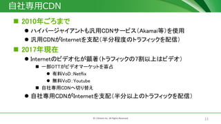 13© J-Stream Inc. All Rights Reserved.
自社専用CDN
 2010年ごろまで
 ハイパージャイアントも汎用CDNサービス（Akamai等）を使用
 汎用CDNがInternetを支配（半分程度のトラフィックを配信）
 2017年現在
 Internetのビデオ化が顕著（トラフィックの7割以上はビデオ）
 一部OTTがビデオマーケットを寡占
 有料VoD：Netflix
 無料VoD：Youtube
 自社専用CDNへ切り替え
 自社専用CDNがInternetを支配（半分以上のトラフィックを配信）
 