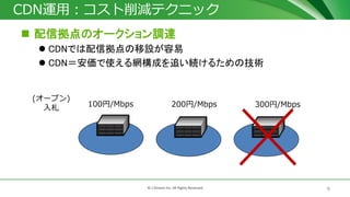 9© J-Stream Inc. All Rights Reserved.
CDN運用：コスト削減テクニック
 配信拠点のオークション調達
 CDNでは配信拠点の移設が容易
 CDN＝安価で使える網構成を追い続けるための技術
100円/Mbps 200円/Mbps 300円/Mbps
(オープン)
入札
 