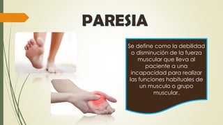 La paresia puede ser
causada por lesiones
cerebelosas, espinales o de la
raíz cerebral que dan lugar a
una pérdida de fuer...