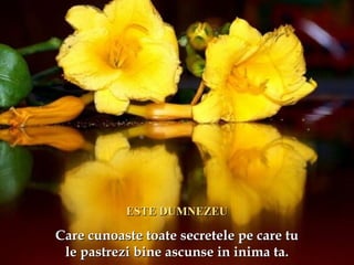 ESTE DUMNEZEUESTE DUMNEZEU
Care cunoaste toate secretele pe care tuCare cunoaste toate secretele pe care tu
le pastrezi bine ascunse in inima ta.le pastrezi bine ascunse in inima ta.
 