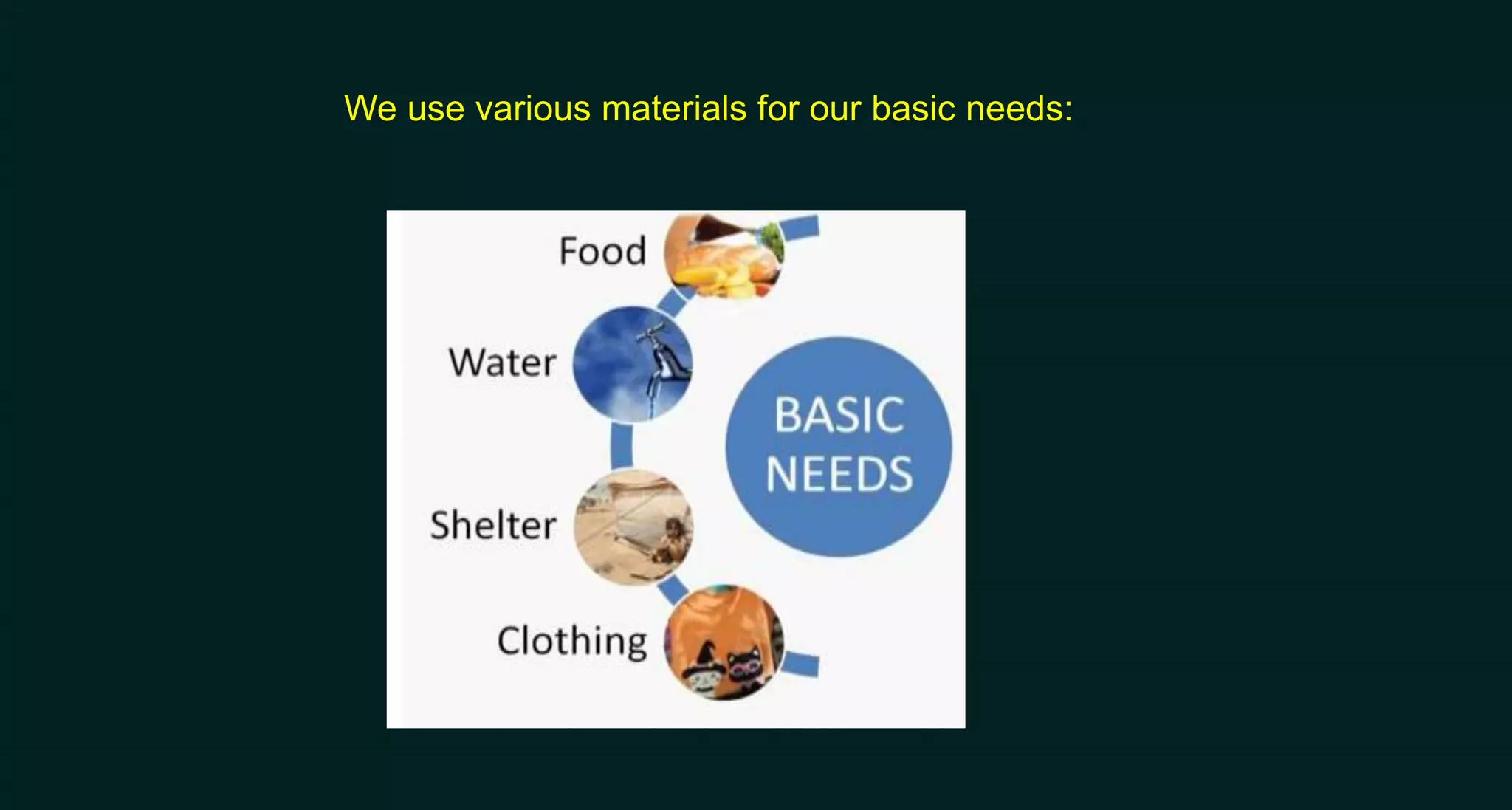 We use various materials for our basic needs:
 