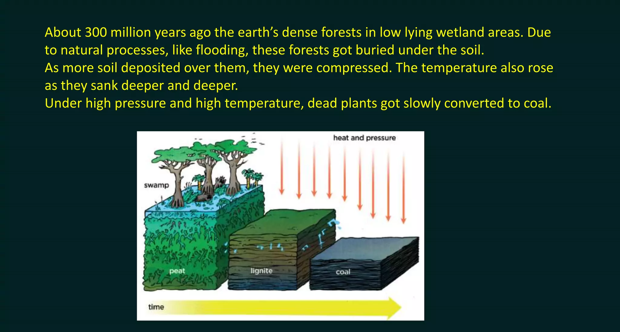 About 300 million years ago the earth’s dense forests in low lying wetland areas. Due
to natural processes, like flooding, these forests got buried under the soil.
As more soil deposited over them, they were compressed. The temperature also rose
as they sank deeper and deeper.
Under high pressure and high temperature, dead plants got slowly converted to coal.
 