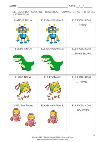 NOME: ______________________________________ DATA: __/ __/ ______
22
ATIVIDADES PARA EDUCADORES – Elisângela Terra
www.atividadesparaeducadores.blogspot.com
 DE ACORDO COM OS DESENHOS, COMPLETE AS HISTÓRIAS
MATEMÁTICAS:
MATEUS TINHA: ELE GANHOU MAIS: ELE FICOU COM
..... ROBÔS.
FELIPE TINHA: ELE GANHOU MAIS: ELE FICOU COM
..... DINOSSAURO.
LUCAS TINHA: ELE FEZ MAIS: ELE FICOU COM
..... PIPAS.
MANUELA TINHA: ELA GANHOU MAIS: ELA FICOU COM
..... BONECAS.
 