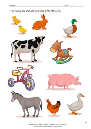 NOME: ______________________________________ DATA: __/ __/ ______
23
ATIVIDADES PARA EDUCADORES – Elisângela Terra
www.atividadesparaeducadores.blogspot.com
 CIRCULE OS DESENHOS QUE SÃO ANIMAIS:
 