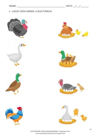 NOME: ______________________________________ DATA: __/ __/ ______
25
ATIVIDADES PARA EDUCADORES – Elisângela Terra
www.atividadesparaeducadores.blogspot.com
 LIGUE CADA ANIMAL A SUA FAMÍLIA:
 