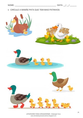 NOME: ______________________________________ DATA: __/ __/ ______
26
ATIVIDADES PARA EDUCADORES – Elisângela Terra
www.atividadesparaeducadores.blogspot.com
 CIRCULE A MAMÃE PATA QUE TEM MAIS PATINHOS:
 