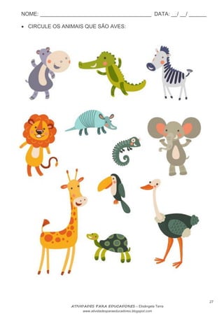 NOME: ______________________________________ DATA: __/ __/ ______
27
ATIVIDADES PARA EDUCADORES – Elisângela Terra
www.atividadesparaeducadores.blogspot.com
 CIRCULE OS ANIMAIS QUE SÃO AVES:
 
