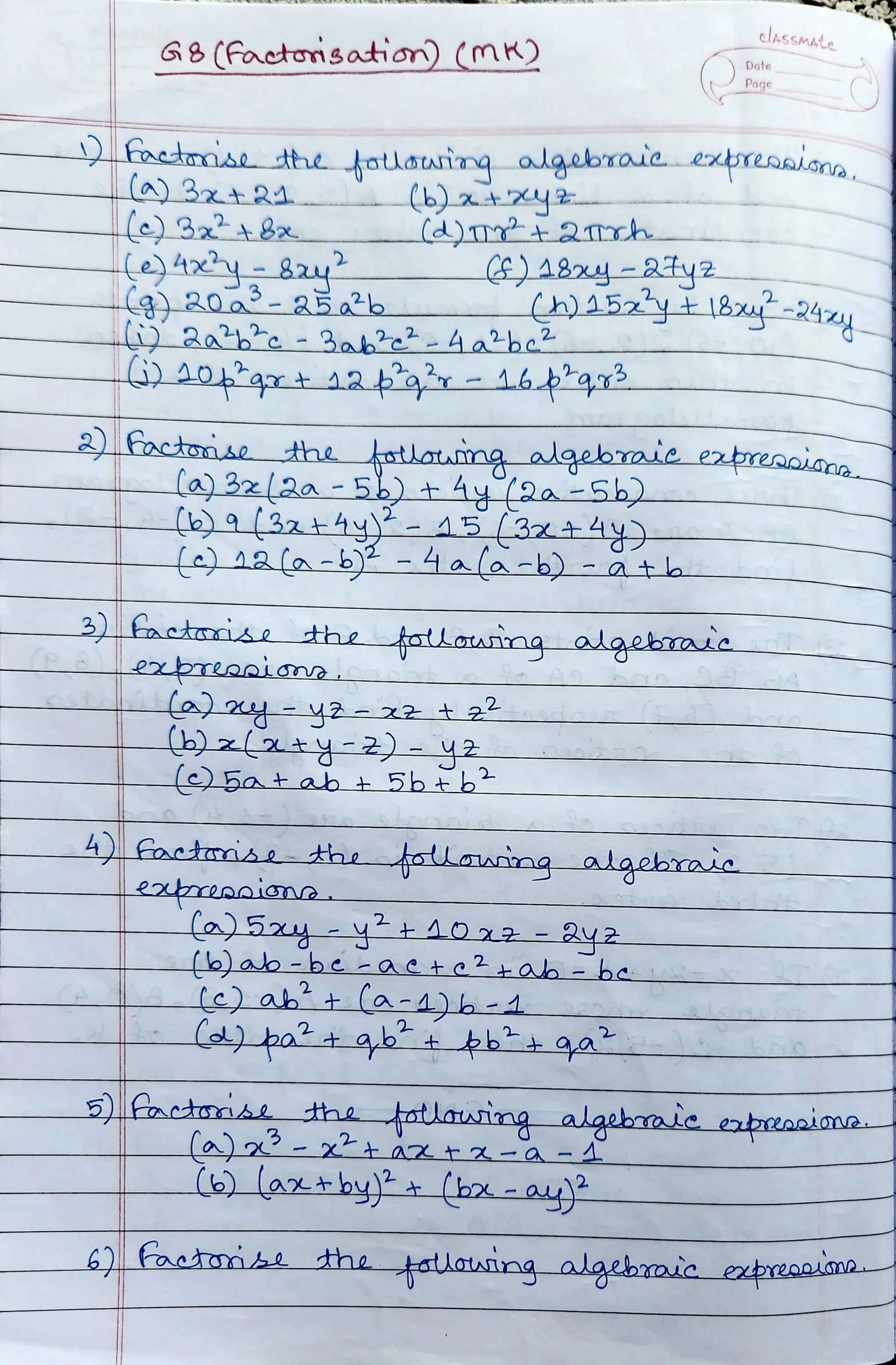 Cbse Grade 8 Mathematics Factorisation Worksheet Mk Pdf