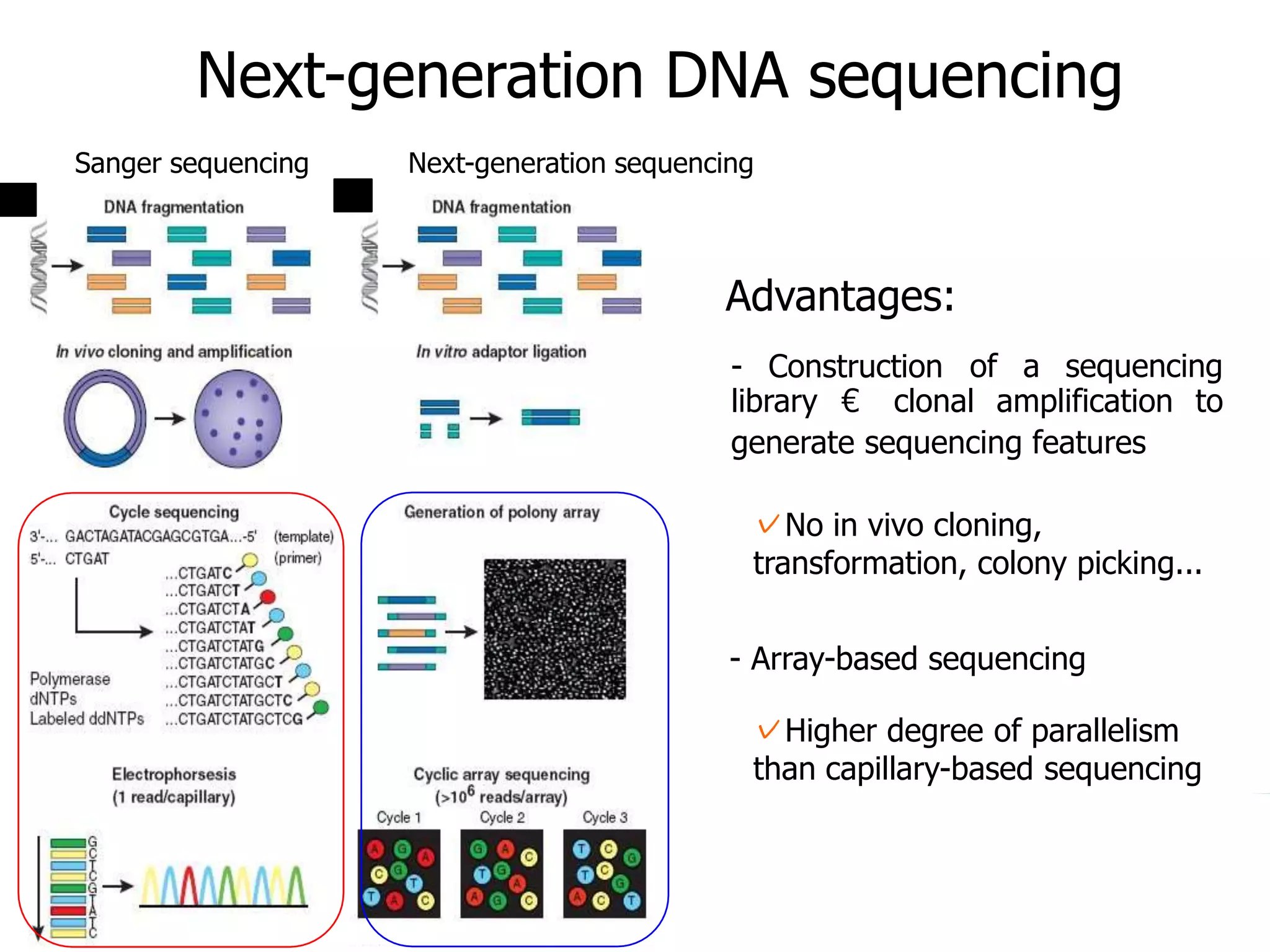 Introduction to NGS http://ueb.ir.vhebron.net/NGS
Next-generation DNA sequencing
Sanger sequencing Next-generation sequencing
Advantages:
- Construction of a sequencing
library € clonal amplification to
generate sequencing features
✓No in vivo cloning,
transformation, colony picking...
- Array-based sequencing
✓Higher degree of parallelism
than capillary-based sequencing
 