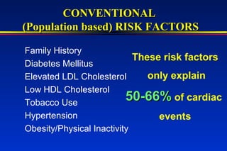 CONVENTIONALCONVENTIONAL
(Population based) RISK FACTORS(Population based) RISK FACTORS
Family History
Diabetes Mellitus
Elevated LDL Cholesterol
Low HDL Cholesterol
Tobacco Use
Hypertension
Obesity/Physical Inactivity
These risk factors
only explain
50-66%50-66% of cardiac
events
 