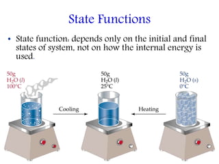 State Functions
• State function: depends only on the initial and final
states of system, not on how the internal energy is
used.
 