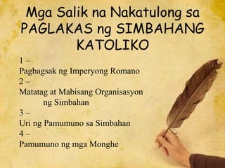 Mga Salik na Nakatulong sa
PAGLAKAS ng SIMBAHANG
KATOLIKO
1 –
Pagbagsak ng Imperyong Romano
2 –
Matatag at Mabisang Organisasyon
ng Simbahan
3 –
Uri ng Pamumuno sa Simbahan
4 –
Pamumuno ng mga Monghe
 