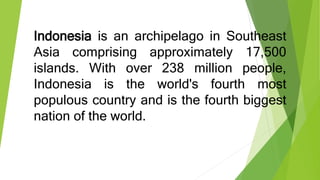 Indonesia is an archipelago in Southeast
Asia comprising approximately 17,500
islands. With over 238 million people,
Indonesia is the world's fourth most
populous country and is the fourth biggest
nation of the world.
 