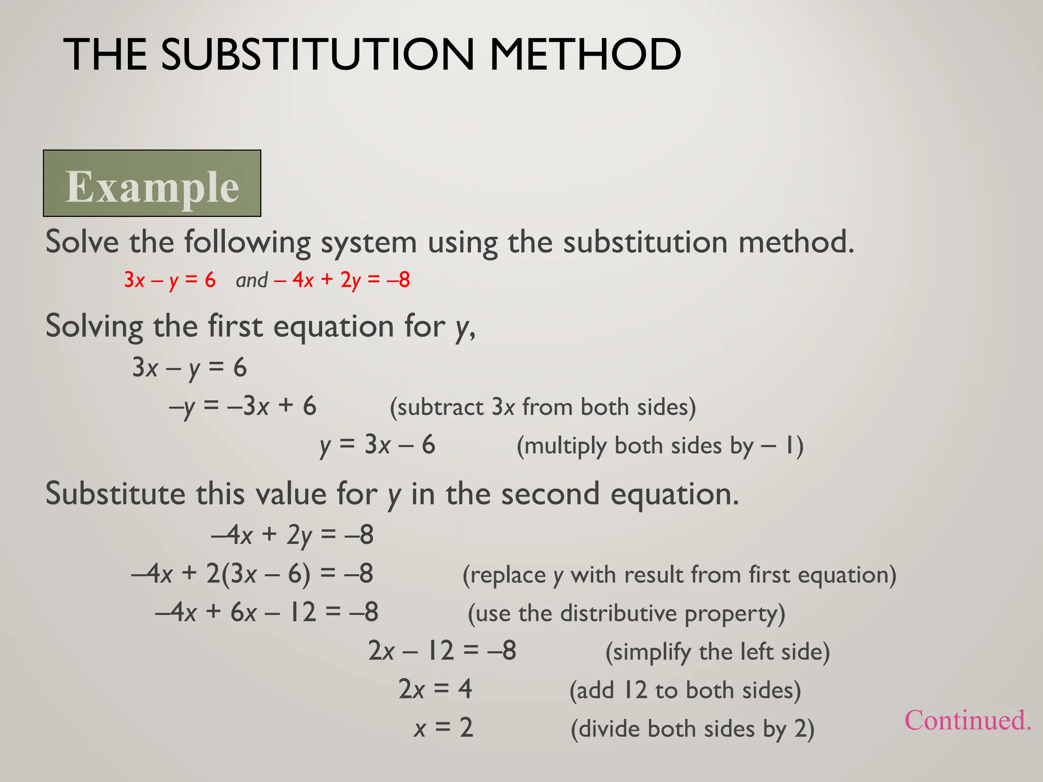 THE SUBSTITUTION METHOD
Solve the following system using the substitution method.
3x – y = 6 and – 4x + 2y = –8
Solving the first equation for y,
3x – y = 6
–y = –3x + 6 (subtract 3x from both sides)
y = 3x – 6 (multiply both sides by – 1)
Substitute this value for y in the second equation.
–4x + 2y = –8
–4x + 2(3x – 6) = –8 (replace y with result from first equation)
–4x + 6x – 12 = –8 (use the distributive property)
2x – 12 = –8 (simplify the left side)
2x = 4 (add 12 to both sides)
x = 2 (divide both sides by 2)
Example
Continued.
 