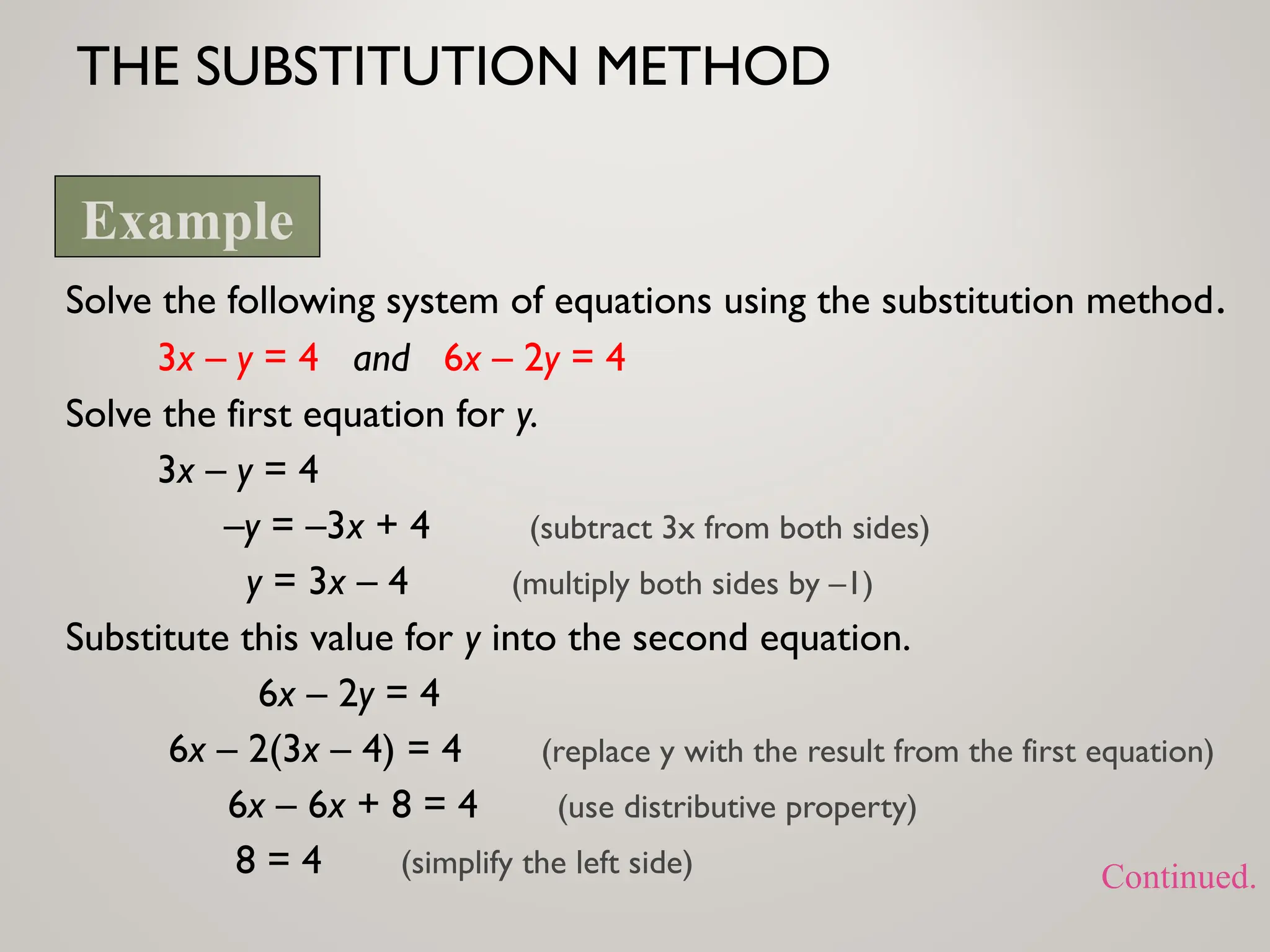 THE SUBSTITUTION METHOD
Solve the following system of equations using the substitution method.
3x – y = 4 and 6x – 2y = 4
Solve the first equation for y.
3x – y = 4
–y = –3x + 4 (subtract 3x from both sides)
y = 3x – 4 (multiply both sides by –1)
Substitute this value for y into the second equation.
6x – 2y = 4
6x – 2(3x – 4) = 4 (replace y with the result from the first equation)
6x – 6x + 8 = 4 (use distributive property)
8 = 4 (simplify the left side)
Example
Continued.
 
