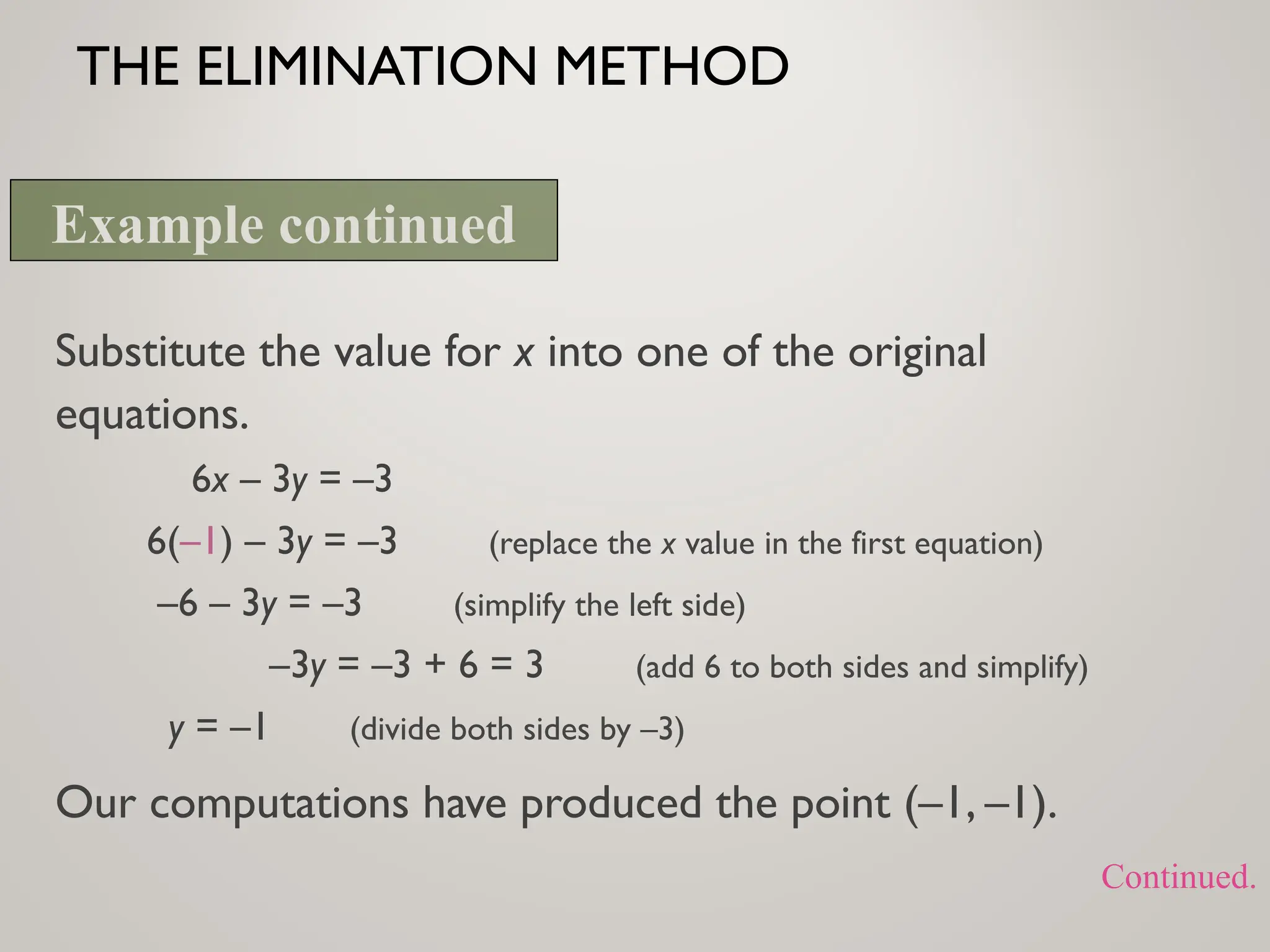 THE ELIMINATION METHOD
Substitute the value for x into one of the original
equations.
6x – 3y = –3
6(–1) – 3y = –3 (replace the x value in the first equation)
–6 – 3y = –3 (simplify the left side)
–3y = –3 + 6 = 3 (add 6 to both sides and simplify)
y = –1 (divide both sides by –3)
Our computations have produced the point (–1, –1).
Example continued
Continued.
 