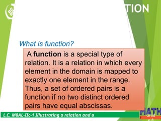 L.C. M8AL-IIc-1 Illustrating a relation and a
ILLUSTRATING A RELATION
AND A FUNCTION
Grad
What is function?
A function is a special type of
relation. It is a relation in which every
element in the domain is mapped to
exactly one element in the range.
Thus, a set of ordered pairs is a
function if no two distinct ordered
pairs have equal abscissas.
 