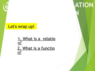L.C. M8AL-IIc-1 Illustrating a relation and a
ILLUSTRATING A RELATION
AND A FUNCTION
Let’s wrap up!
1. What is a relatio
n?
2. What is a functio
n?
 