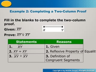 Fill in the blanks to complete the two-column
proof.
Given: XY
Prove: XY  XY
Example 2: Completing a Two-Column Proof
Statements Reasons
1. 1. Given
2. XY = XY 2. .
3. . 3. Definition of
Congruent Segments
XY
Reflexive Property of Equality
XY XY

 