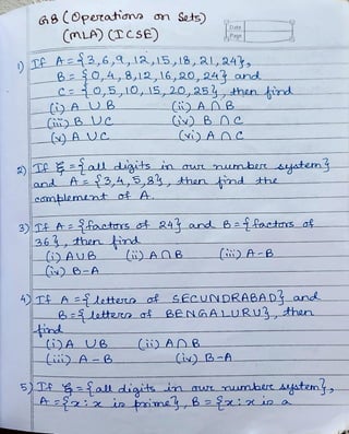 ICSE Grade 8 Mathematics Operations on Sets Worksheet (MLA) | PDF