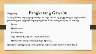 Pangkatang Gawain:
Pagganap
Mapagtitibay ang pagpapahalaga sa mga birtud ng paggalang at pagsunod sa
pamamagitan ng pagkalap ng mga kawikaan at mga tanyag na aral ng
Islam
Hinduismo
Buddhismo
mga aral ni K’ung Fu Tze (Confucius)
Hesukristo at ng kaniyang mga Apostol,
(tungkol sa paggalang sa magulang, nakatatanda at may awtoridad.)
 