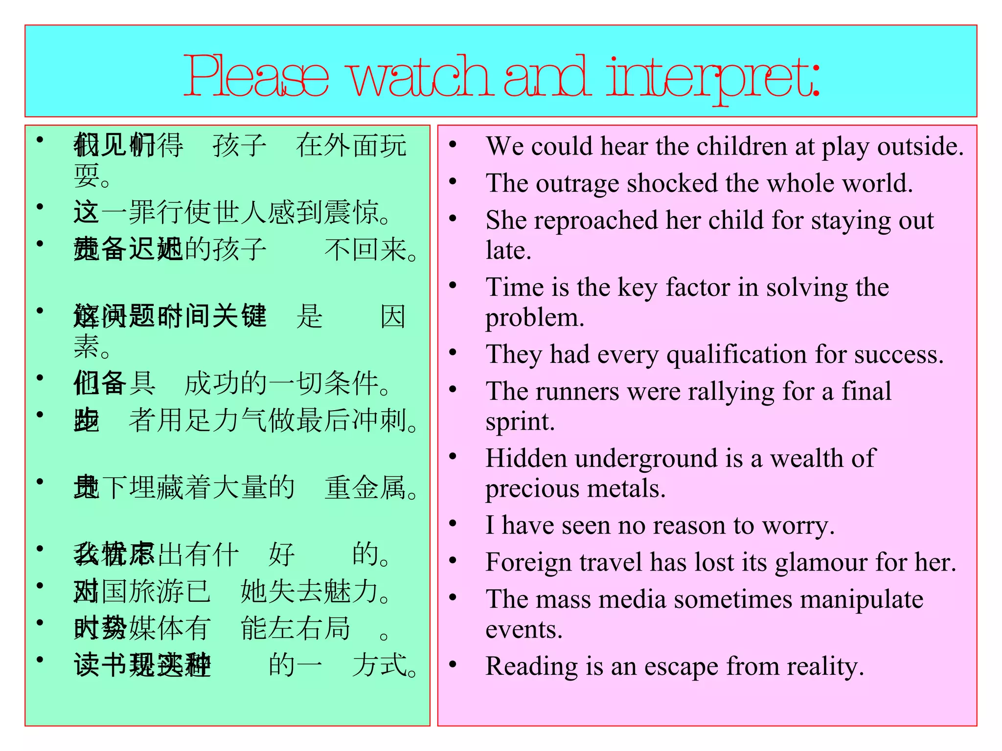 Please watch and interpret: 我们听得见孩子们在外面玩耍。  这一罪行使世人感到震惊。 她责备她的孩子迟迟不回来。  解决这个问题时间是关键因素。 他们具备成功的一切条件。  跑步者用足力气做最后冲刺。  地下埋藏着大量的贵重金属。  我看不出有什么好忧虑的。  出国旅游已对她失去魅力。  大众媒体有时能左右局势。 读书是逃避现实的一种方式。  We could hear the children at play outside.  The outrage shocked the whole world.  She reproached her child for staying out late.  Time is the key factor in solving the problem.  They had every qualification for success.  The runners were rallying for a final sprint.  Hidden underground is a wealth of precious metals.  I have seen no reason to worry.  Foreign travel has lost its glamour for her.  The mass media sometimes manipulate events.  Reading is an escape from reality.  