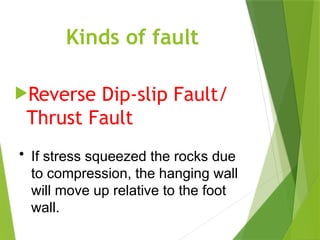 Kinds of fault
Reverse Dip-slip Fault/
Thrust Fault
• If stress squeezed the rocks due
to compression, the hanging wall
will move up relative to the foot
wall.
 