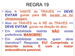 REGRA 19
• Alvo A VANTE do TRAVÉS => DEVE
EVITAR guinar para BB, exceto se for
ultrapassagem.
• Alvo no TRAVÉS ou A RÉ do TRAVÉS =>
DEVE EVITAR guinar na direção do alvo.
• Em visibilidade restrita NÃO existe
preferência. MANOBRE!
• Em visibilidade restrita, quem deve
manobrar? Resposta: EU! Cumprindo o
descrito acima. E com a maior
antecedência possível.
 
